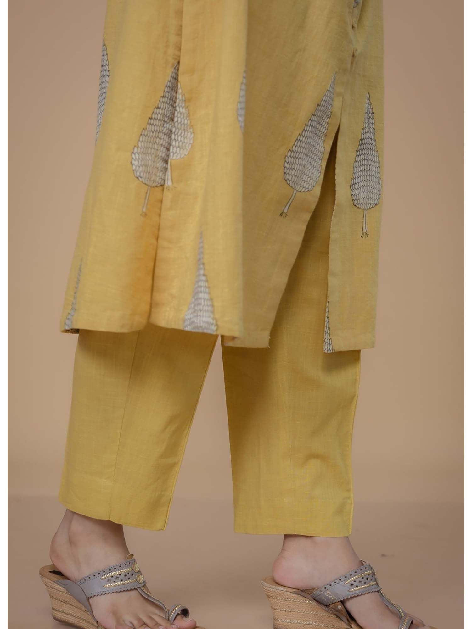 Myra Yellow Solid Slub Cotton Narrow Pant-picture-14