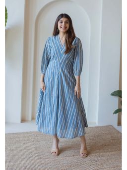 The Indian Ethnic Co. - Iyana Blue Ajrakh Cotton A Line Midi Dress
