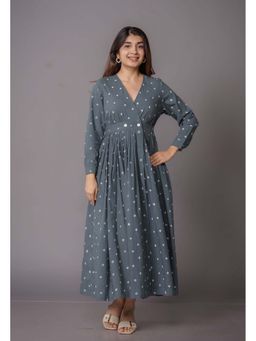 The Indian Ethnic Co. - Kimaya Grey Bandhani Cotton A Line Maxi Dress