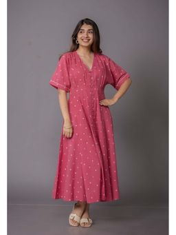 The Indian Ethnic Co. - Reema Pink Bandhani Cotton A Line Maxi Dress