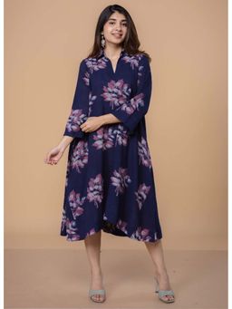 The Indian Ethnic Co. - Drisha Blue Dabu Slub Cotton A Line Midi Dress