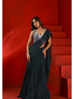ISHA GUPTA TAYAL - Green Embroidered Pre-draped Saree with Stitched Blouse with Stitched