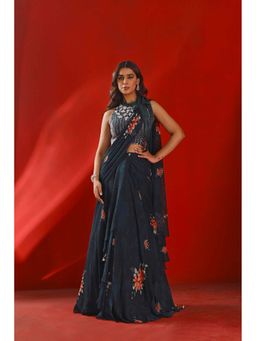 ISHA GUPTA TAYAL - Green Georgette Embroidered Pre-draped Saree with Stitched Blouse with Stitched