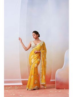 ISHA GUPTA TAYAL - Yellow Chiffon Embroidered Pre-draped Saree with Stitched Blouse with Stitched