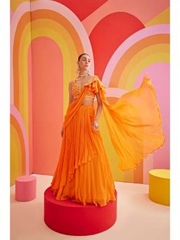 ISHA GUPTA TAYAL - Orange Embroidered Pre-draped Saree with Stitched Blouse with Stitched