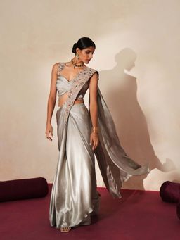 ISHA GUPTA TAYAL - Grey Chiffon Embroidered Pre-draped Saree with Stitched Blouse with Stitched