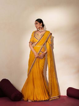 ISHA GUPTA TAYAL - Yellow Embroidered Pre-draped Saree with Stitched Blouse & Belt with Stitched