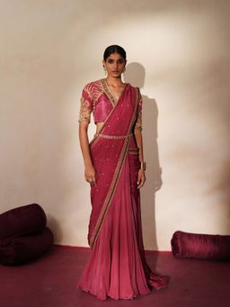 ISHA GUPTA TAYAL - Pink Embroidered Pre-draped Saree with Stitched Blouse and Belt with Stitched