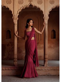ISHA GUPTA TAYAL - Pink Embroidered Pre-draped Saree with Stitched Blouse with Stitched