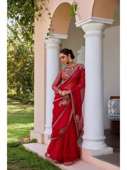 ISHA GUPTA TAYAL - Red Organza Embellished Saree with Stitched Blouse & Skirt with Stitched