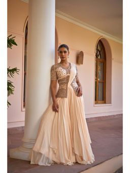 ISHA GUPTA TAYAL - White Georgette Embroidered Pre-draped Saree with Jacket with Stitched