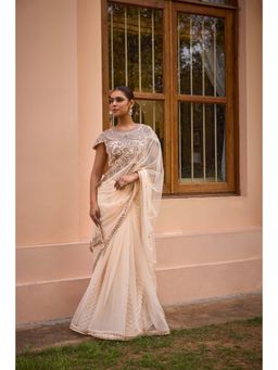 ISHA GUPTA TAYAL - White Net Embellished Saree with Stitched Blouse & Skirt with Stitched