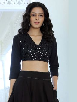 Okhai - Norwegian Night' Pure Cotton Hand Embroidered Mirror Work Blouse