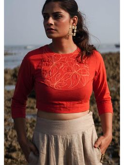 Okhai - Marigolds Hand-Embroidered and Beadwork Pure Cotton Blouse
