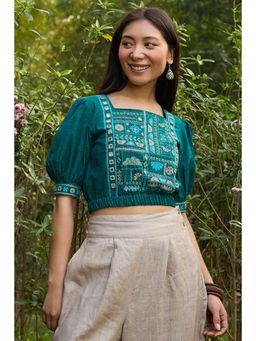 Okhai - Eden Hand-Embroidery and Mirrorwork Pure Cotton Green Blouse