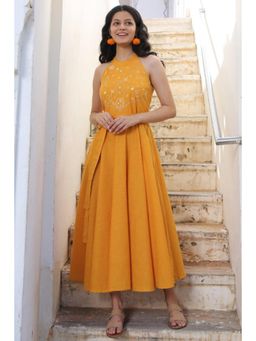 Okhai - Star Lily' Pure Cotton Hand Embroidered Mirror Work Dress