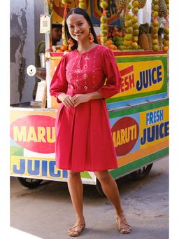 Okhai - Red Velvet Suf Embroidered Hand-woven Cotton Dress