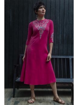 Okhai - Pink Pure Cotton Thread Work A-Line Dress