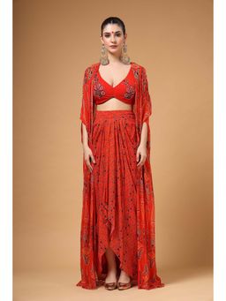 Gazab By Miku Kumar - Women Red Embroidered Cape with Blouse and Skirt
