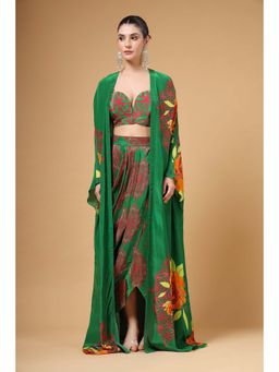 Gazab By Miku Kumar - Women Green Printed Cape with Blouse and Skirt