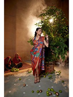 Amrood - Burnt Orange Satin Drape Saree With Embroidered Blouse with Stitched