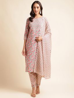 Mesmora - Beige Handblock Printed Kurta with Trousers & Dupatta (Set of 3)