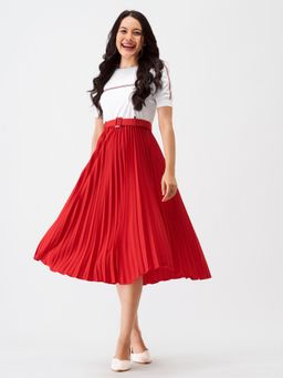 Aask - Fit And Flare Round Neck Dress with Belt Red Solid Women (Set of 2)