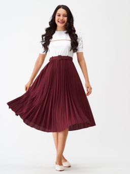 Aask - Fit And Flare Round Neck Dress with Belt Maroon Solid Women (Set of 2)