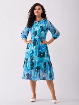 Aask - Women Digital Printed Blue Digital Printed Dress For Women