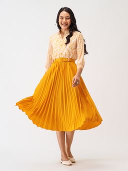 Aask - Fit And Flare Dress with Belt Yellow Printed For Women (Set of 2)