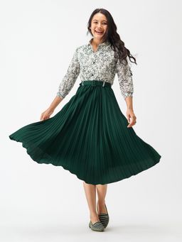 Aask - Fit And Flare Dress with Belt Dark Green Printed For Women (Set of 2)