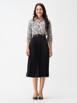 Aask - Fit And Flare Dress with Belt Black Printed For Women (Set of 2)