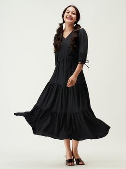 Aask - Women Fit And Flare Gown Dress Black Solid Dress For Women