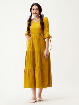 Aask - Women Fit And Flare Gown Dress Mustard Solid Dress For Women