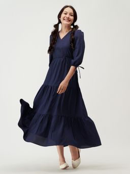 Aask - Women Fit And Flare Gown Dress Navy Blue Solid Dress For Women