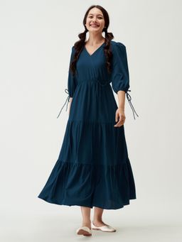 Aask - Women Fit And Flare Gown Dress Teal Blue Solid Dress For Women