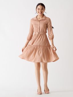 Aask - Women Fit And Flare Collared Dress with Belt Dusty Cream Solid (Set of 2)