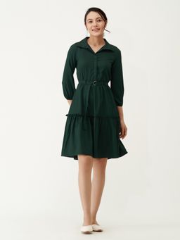 Aask - Women Fit And Flare Collared Dress with Belt Green Solid (Set of 2)
