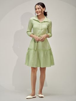 Aask - Women Fit And Flare Collared Dress with Belt Pista Solid (Set of 2)