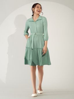 Aask - Women Fit And Flare Collared Dress with Belt Sea Green Solid (Set of 2)