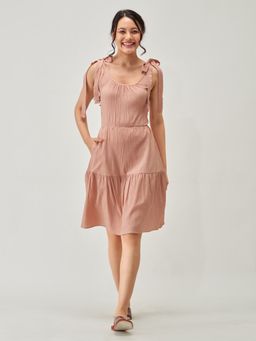 Aask - Women Fit And Flare Collared Dress Dusty Cream Solid Dress For Women