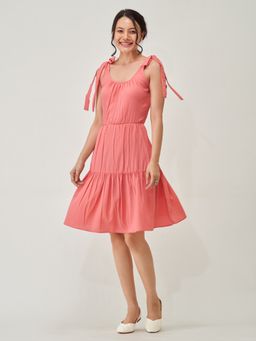 Aask - Women Fit And Flare Collared Dress Gajari Solid Dress For Women