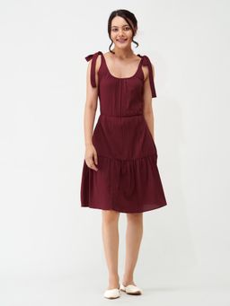 Aask - Women Fit And Flare Collared Dress Maroon Solid Dress For Women