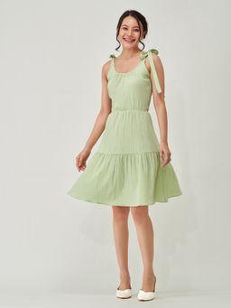 Aask - Women Fit And Flare Collared Dress Pista Solid Dress For Women