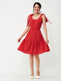 Aask - Women Fit And Flare Collared Dress Red Solid Dress For Women