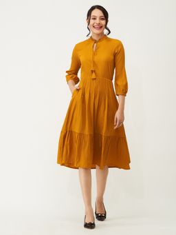 Aask - Women Fit And Flare Mustard Solid Dress For Women Dress For Women