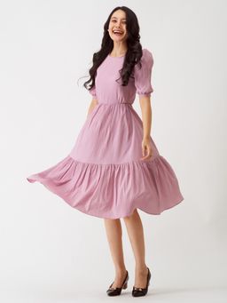 Aask - Women Cinched Waist Dress Fit And Flare Light Purple Solid Dress For Women