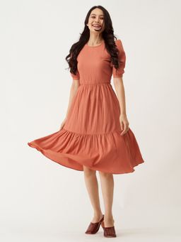 Aask - Women Cinched Waist Dress Fit And Flare Rust Solid Dress For Women