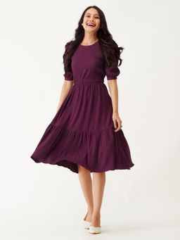 Aask - Women Cinched Waist Dress Fit And Flare Wine Solid Dress For Women