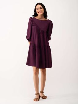 Aask - Women Gathered And Flare Wine Solid Dress For Women Dress For Women
